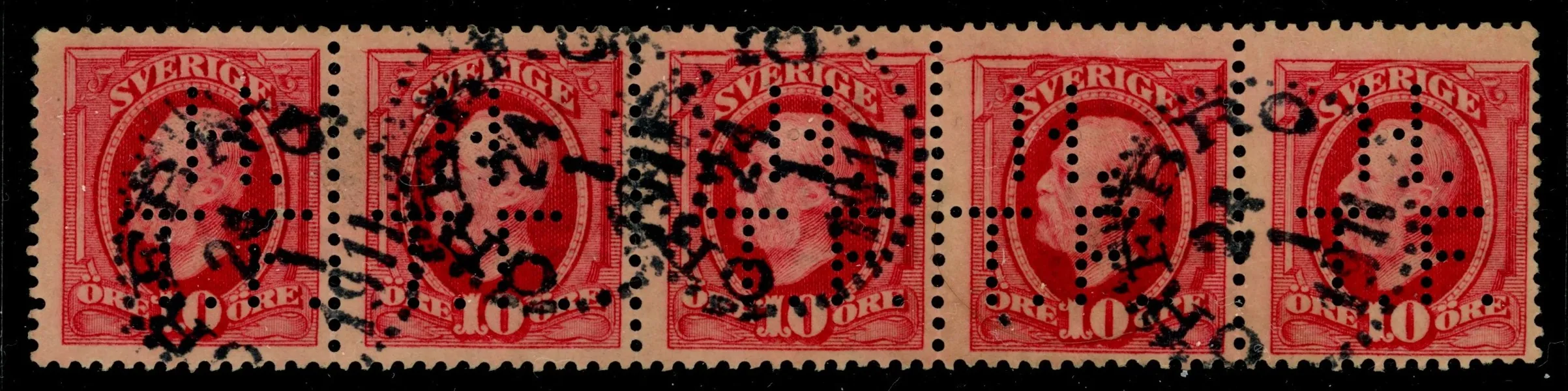 F54. Stpl 5-strip ÖREBRO 24.1.1911 med perfin H.T.F. (Henrikssons Tekniska Fabrik, Örebro). Vackert och intressant objekt.