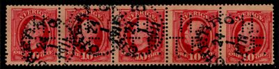 F54. Stpl 5-strip ÖREBRO 24.1.1911 med perfin H.T.F. (Henrikssons Tekniska Fabrik, Örebro). Vackert och intressant objekt.