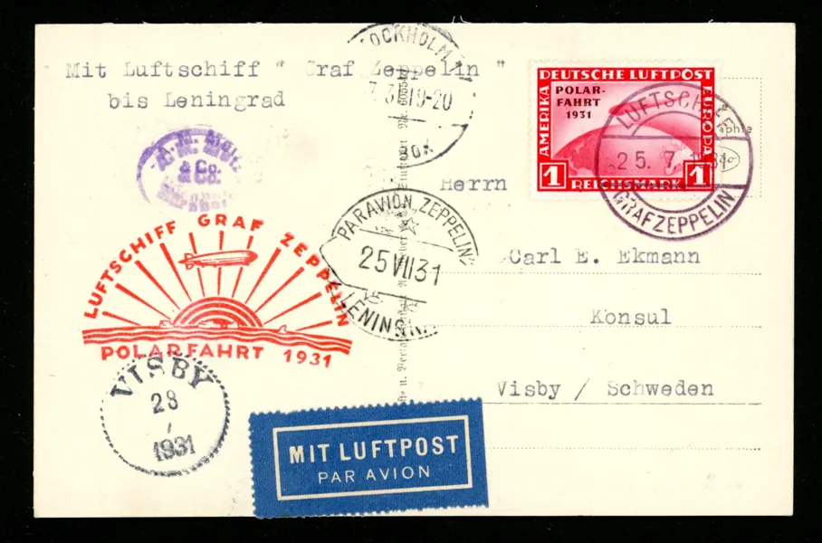TYSKLAND/REICH. Mi456. 1 mk POLARFAHRT på zeppelinkort skickat till Visby via bl.a. Leningrad 1931. Med motiv av luftskeppet ifråga, fint objekt!