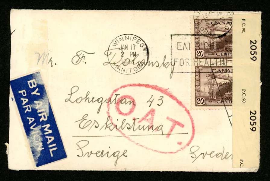 O.A.T. Censurerat brev från KANADA till Eskilstuna 1944.