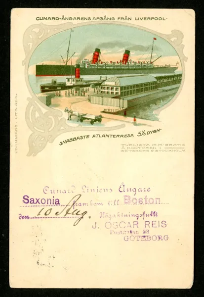 Cunard-linjens ångare Saxonia. Postgånget från Göteborg 1905.