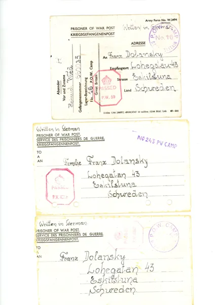POW. Tre krigsfångeförsändelser från tysk internerad i England, sända till Sverige maj-oktober 1945.