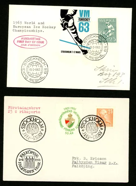 F542B. 15.2.63. FDC med vinjett enl bild + fint brevmärke för hockey-VM. Medföljer gör ett "FDC" inte för 25-öresmärket men för 25 öre som PORTO 1.6.51.