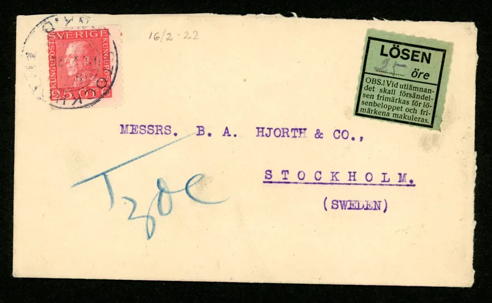 F182. Intressant underfrankerat brev från England där 25 öre mattröd använts som lösen i "rätt tid" 1922. 