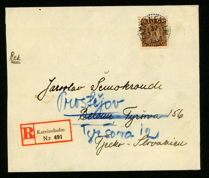 F191. Rekommenderat brev till Tjeckoslovakien från KATRINEHOLM 30.1.1935