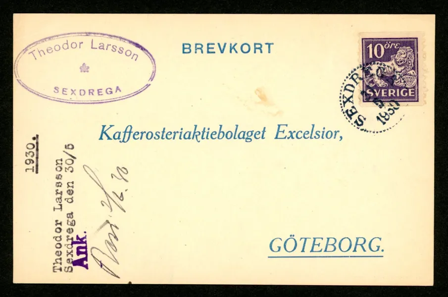 F145A. Vackert kort till Kafferosteriaktiebolaget Excelsior, sänt från SEXDREGA 31.5.1930 till Gbg.
