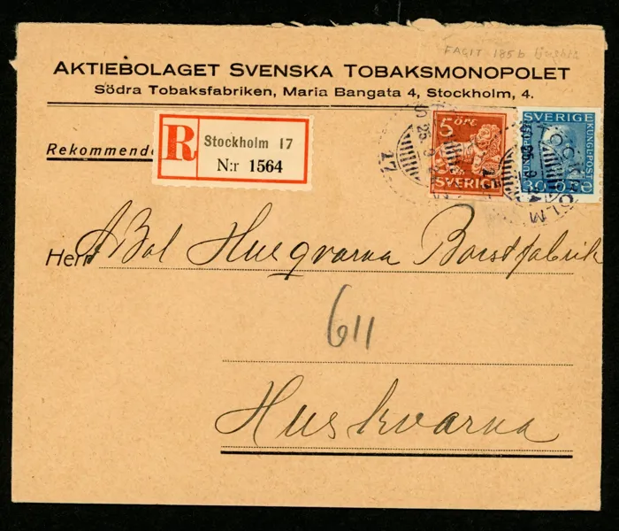 F185b ("ljusblå") + 142A på rek stämplat STOCKHOLM 17 15.3.24. Facit anger bara 600 kr för löst frimärke, troligen sällsynt på brev!