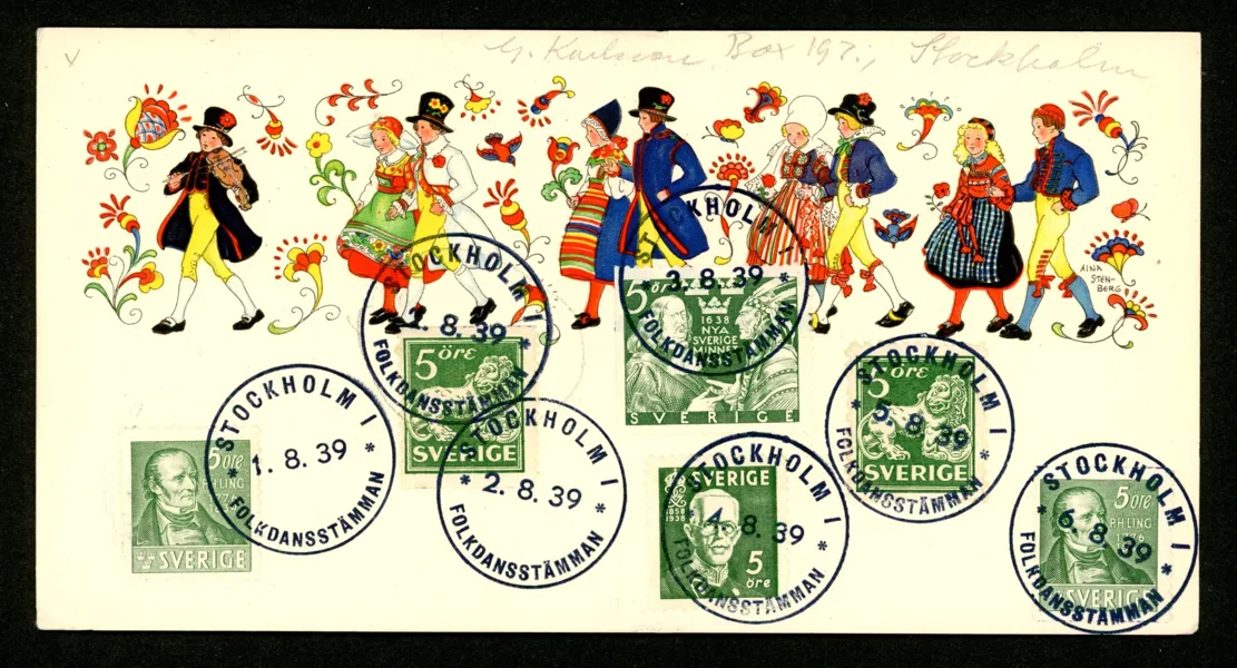 "Svenskt nationalkort" med minnespoststämplar från Folkdansstämman (olika datum) i Sthlm 1939. Mycket dekorativt!