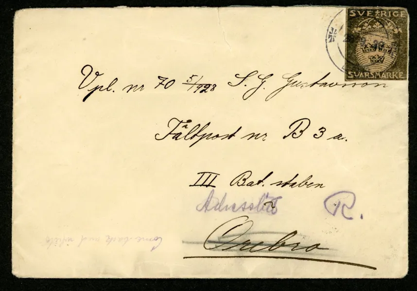 M1. Svarsbrev otydlig ort troligen NORA 26.9.29. Tyvärr 2 cm riss i kuvertet.