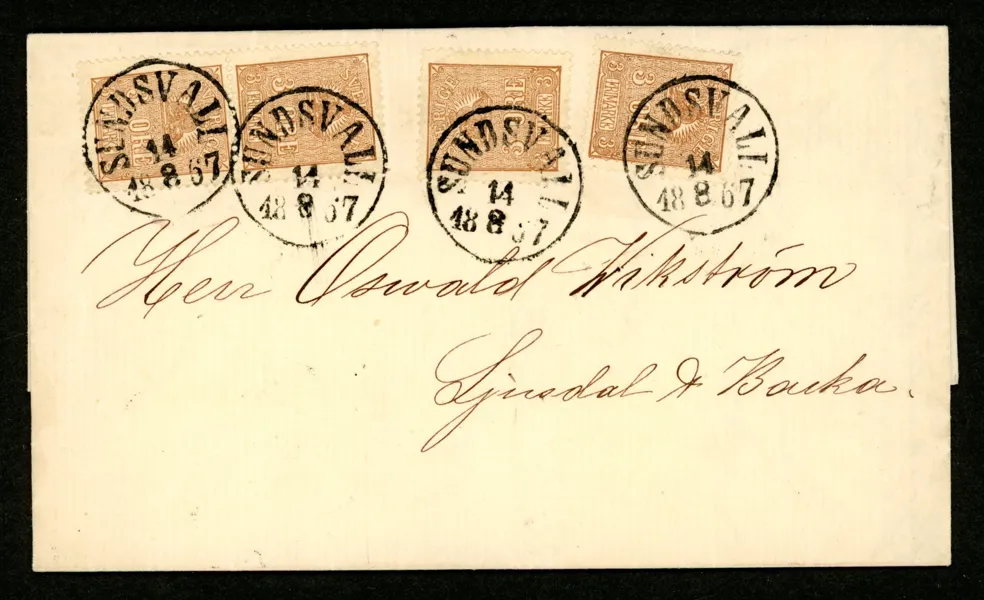 F14B. Vackert brev med 4x 3 öre lejon som vanligt brevporto 12 öre stpl SUNDSVALL 14.8.1867. Mycket fräscht och vackert!