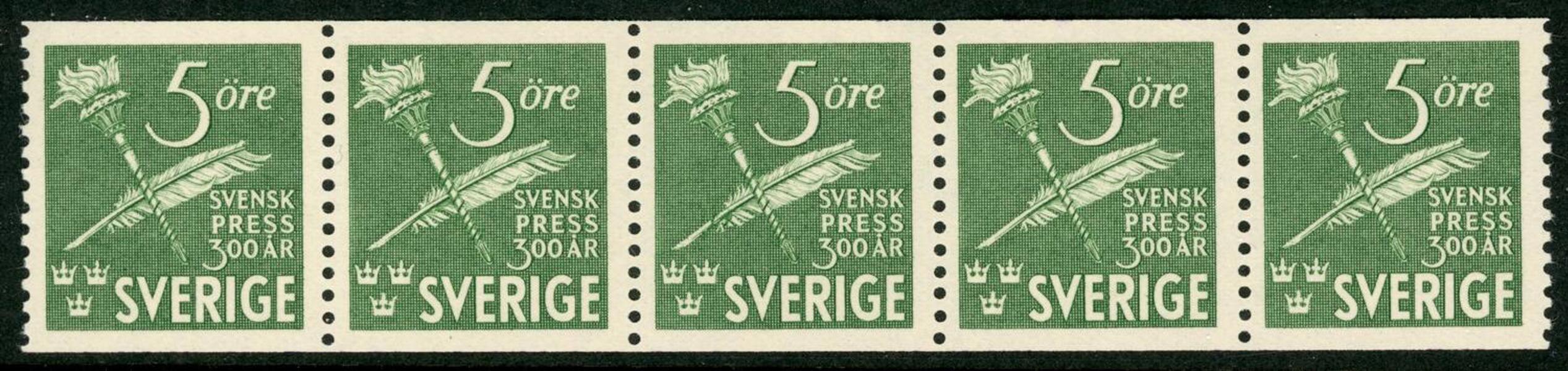 F359Av1. Postfriskt 5-strip med variant "bruten penna" på mittmärket. F +200