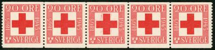 F358Av1. Postfriskt 5-strip med variant "skuggning runt korset" på mittmärket. F +350