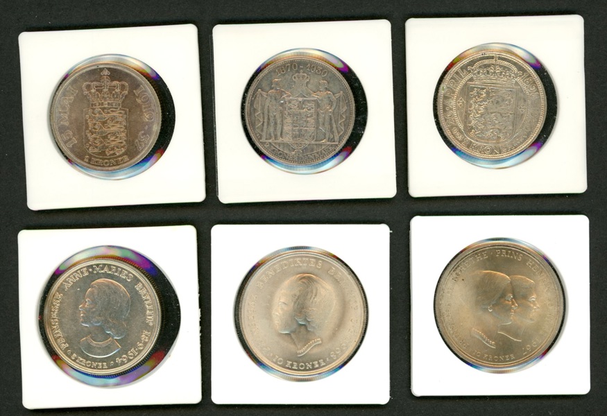 Danmark. Lot sex silvermynt: 10 kr jubileum 1967 och 68, 5 kr jub 1964, 2 kr jub 1923, 30 och 37.