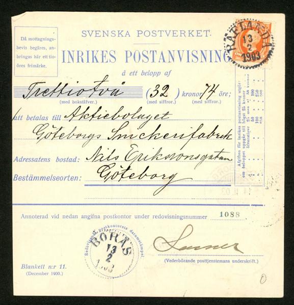 Postanvisning 25 öre lyxstämplat RÄFLANDA 13.2.1903