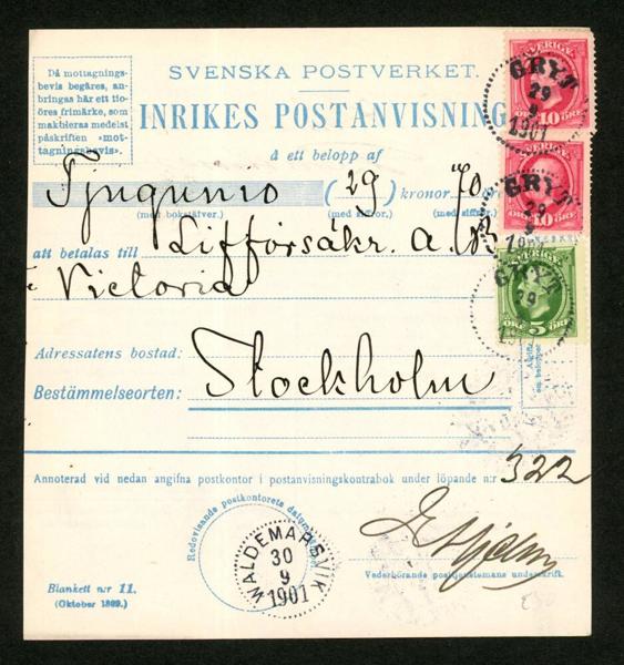 10+10+5 öre på postanvisning stpl GRYT 29.9.1901