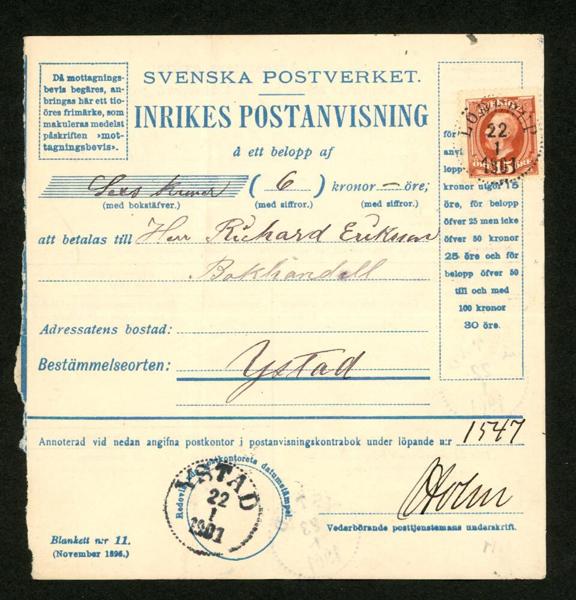 Postanvisning 15 öre stpl LÖDERUP 22.1.1901