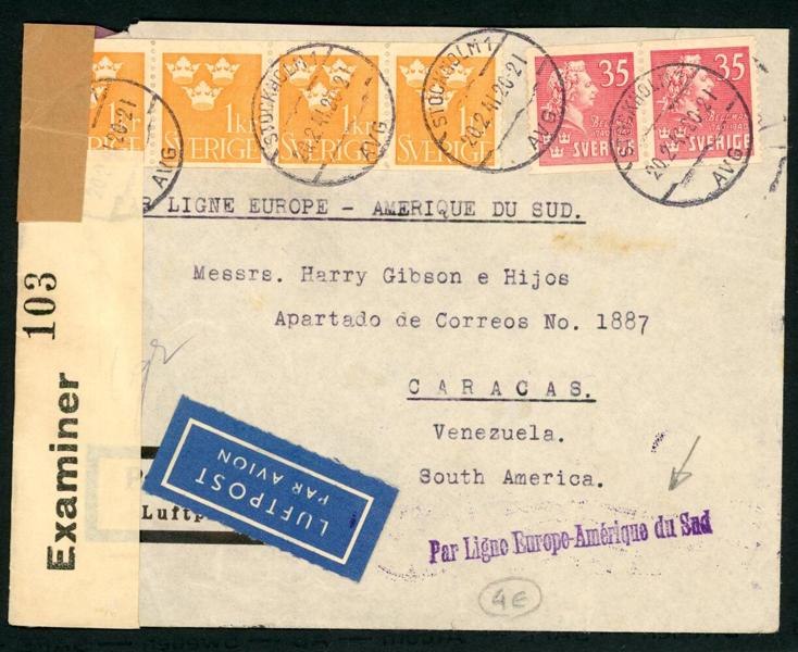 F294 i 4-strip och F325 i par som 4,70 kr frankering på censurerat luftpostbrev till Venezuela, stpl STOCKHOLM 1 20.2.41