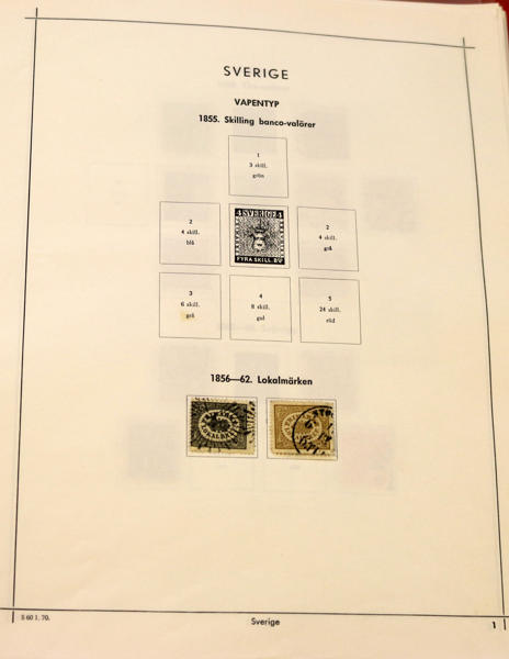 Samling 1856-1970-tal i Facit-album. Innehåller svarta och bruna lokal, kpl vapen, lejon inkl 3 öre typ 1 (kht), välfyllt avsnitt ringtyp m.m. 1900-talet är av enklare karaktär med många luckor, b...