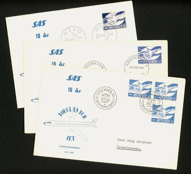 F521. Lot tre FDC (Sv, Nor, Dan) med likadan vinjett.